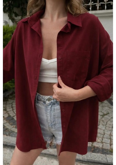 Rouge Basıc Oversize Keten Dokulu %100 Pamuk Salaş Gömlek Bordo