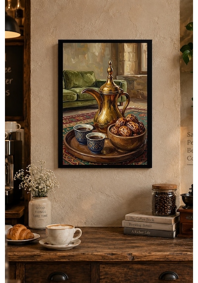 Pirinç İbrikli Çay Sofrası Desenli Dekoratif Mdf Tablo, Çerçeve Görünümlü Ahşap Poster