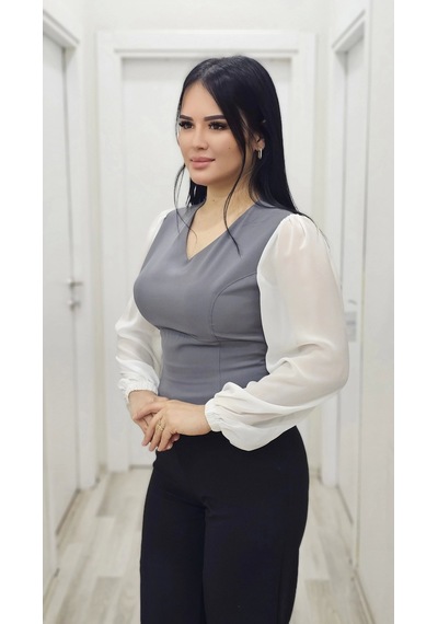 Lodmela Şık V Yaka Crop Üst 6010-gri Gri