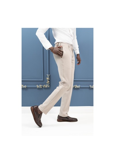 Ecer Regular Fit Beli İplikli Yan Cepli Astarsız Kışlık Kumaş Pantolon Krem
