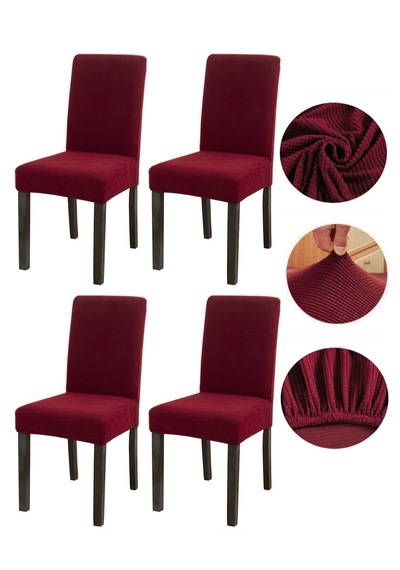 Bambu Nano Kumaş Likralı Lastikli Sandalye Kılıfı Yıkanabilir Esnek Sandalye Örtüsü 4 Lü Set Bordo
