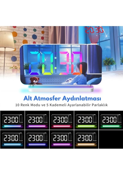 Etashop Rgb Projeksiyonlu Çalar Saat -7ayna Led Dijital Saat Tavana Zaman Yansıtma Usb & Type C Şarj Siyah