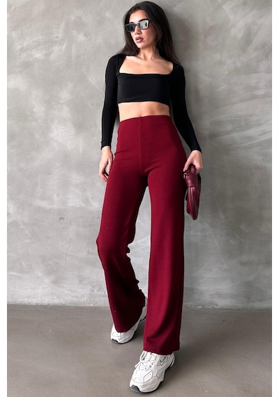 Bordo Yüksek Bel Düz Model Kadın İspanyol Paça Tayt Pantolon Mg2288 Bordo