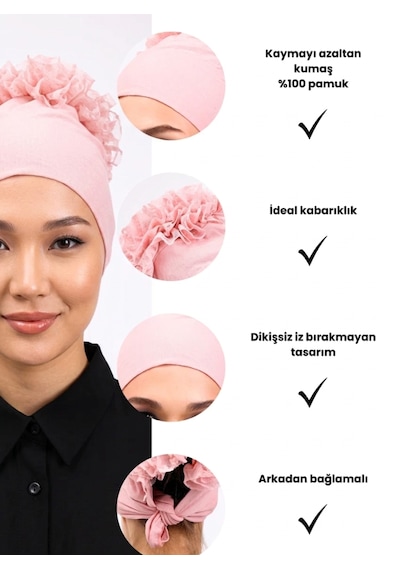 Alivascarf Fırfırlı Dikişsiz Penye Bone - Kadın Tesettür Bağlamalı Topuz İç Bone Pembe