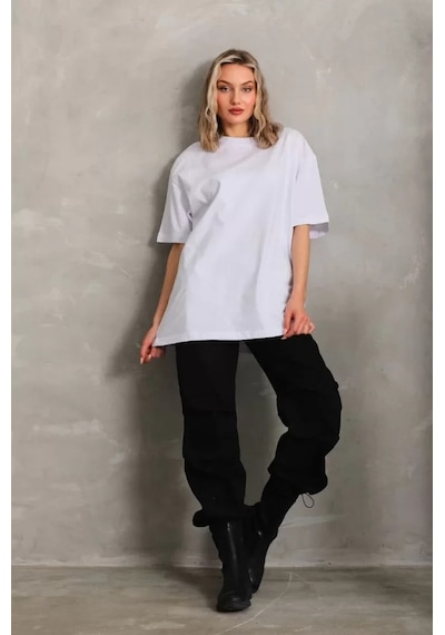 Ge Ticaret Unisex Bisiklet Yaka 20/1 Düz Oversize T-shirt - Beyaz Beyaz