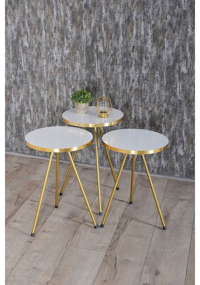 Zigon Sehpa Ve Orta Sehpa Elips Gold Metal Ayak Gold Beyaz Set Diğer