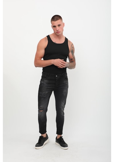 Blue White Erkek Skinny Fit Yırtık Detaylı Jean Siyah 27