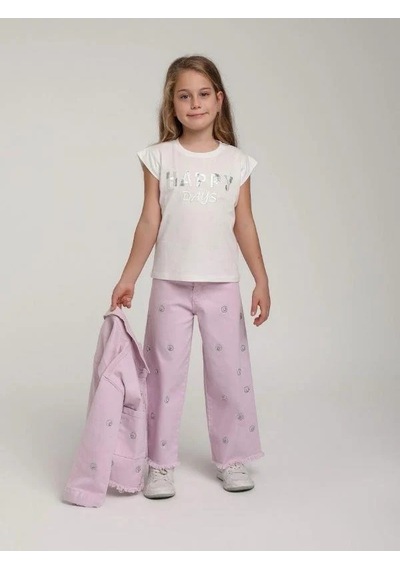 Escabel Kız Çocuk Pamuklu Happy Pul İşlemeli Tshirt-15637 Ekru