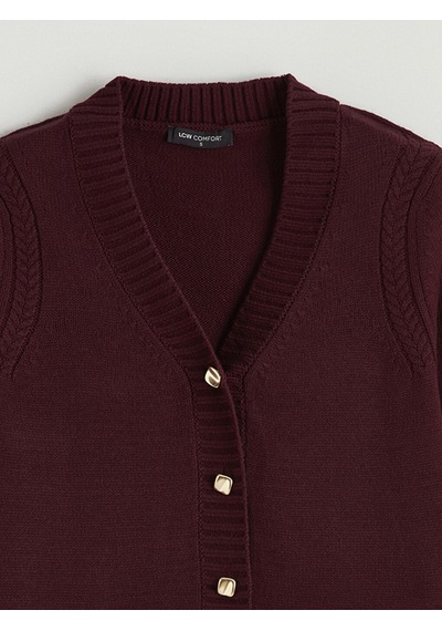 Lcw Comfort Bordo V Yaka Kendinden Desenli Kadın Triko Hırka