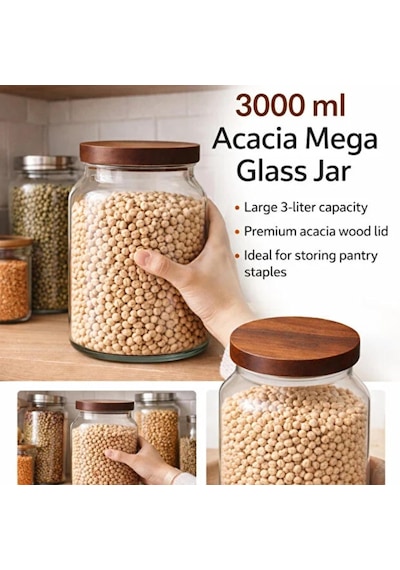 3000 Ml Akasya Kapaklı Mega Cam Kavanoz Bakliyat Ve Kiler Düzenleyici Büyük Boy Saklama Kavanozu Çok Renkli