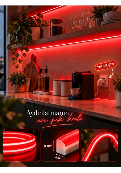 Borsan 2 Metre Kırmızı Neon Led 220v Tak Çalıştır Ip65 Esnek Hortum Led Ultra Parlak Iç Dış Mekan Dekoratif Aydınlatma Montaj Aparatı Dahil