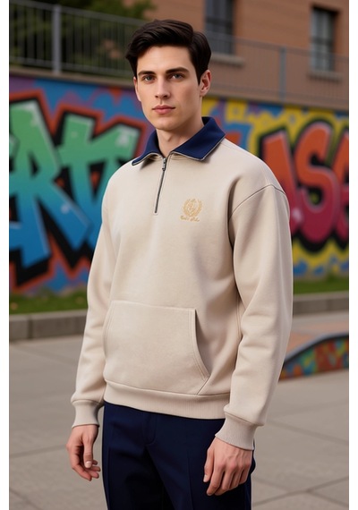 Benerly Erkek Fermuarlı Dik Yaka Düşük Kol Nakışlı Sweatshirt Fonksiyonel Gri