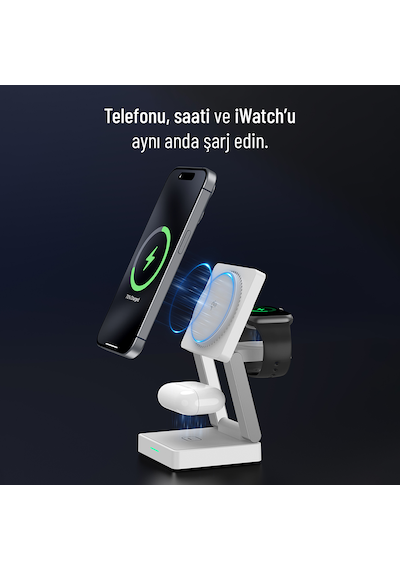 Woyax Wireless Qı2 Kablosuz Şarj Standı Katlanabilir Apple Uyumlu iPhone-iwatch-AirPods Uyumlu 15w Hızlı Telefon Kulaklık Saat 3in1 Beyaz