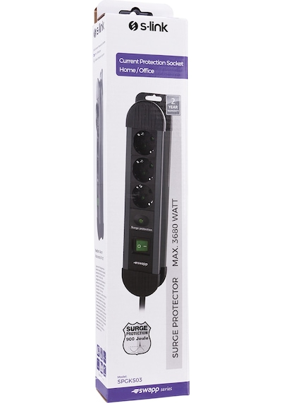 S-link Swapp SPGKS03 3G1.5mm2 900J 3'lü Akım Korumalı Priz 1.5 Metre Gri
