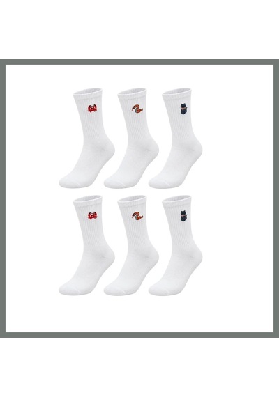 Bezos Unisex Çorap Beyaz Hayvan Nakışlı 6'lı Set Yengeç Yılan Kedi Desenli Uzun Soket Günlük Spor Çorabı Mmbz