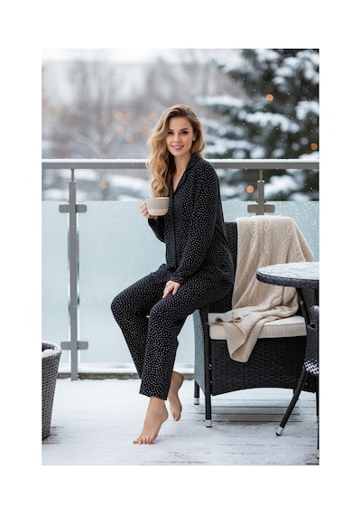 Rindahomewear Kadın Siyah Puantiye Deseli Yumuşak Dokulu Süet Düğmeli Pijama Takımı Siyah Beyaz Puantiye