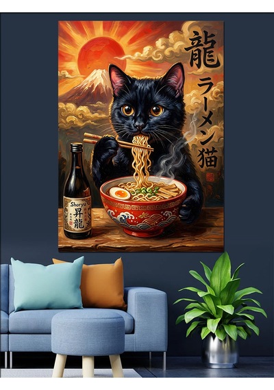 Ramen Yiyen Japon Kara Kedi Dekoratif Kanvas - Mdf Ahşap Tablo