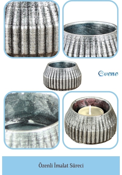 Mumluk Şamdan 3 Adet Tealight Uyumlu Çizgili Model - Gümüş Eskitme
