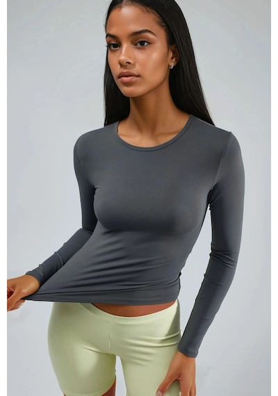 Hiccup Busem Slim Fit Yuvarlak Yaka Uzun Kollu Bluz Koyu Gri