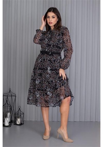 Neşeli Butik Kadın Kemerli Desenli Yeni Sezon Midi Boy Şifon Elbise Apcx04 Siyah