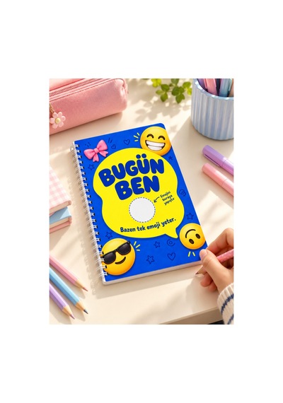 Bugün Ben Emoji Defteri A5 Spiralli 50 Yaprak 100 Sayfa Çizgili 2 Sayfa Emoji Sticker Dahil Mavi
