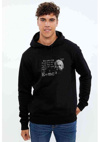 Albert Einstein E=Mc2 Baskılı Siyah Erkek Örme Kapşonlu Sweat
