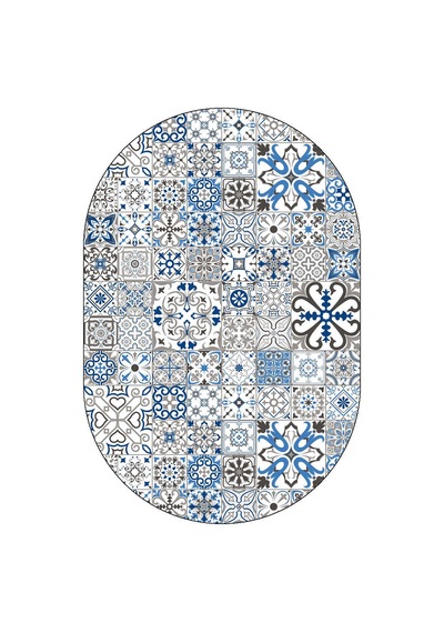 Frenda Home Çini Desenli Pamuk Taban Yıkanabilir Baskılı Oval Halı Mavi