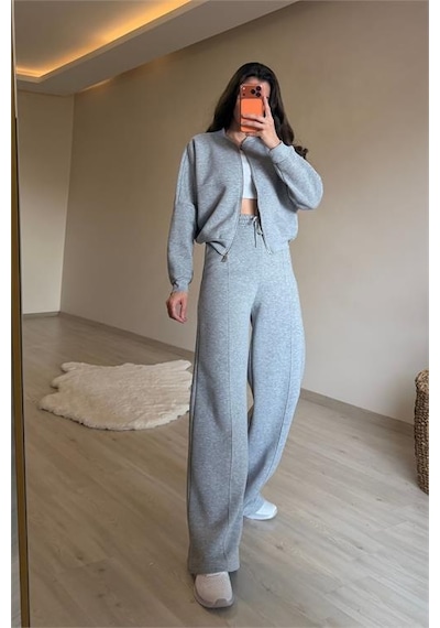 Neşeli Butik Kadın Fermuarlı Oversize Sweat Ve Yüksek Bel Eşofman Takımı Nm018 Gri Melanj
