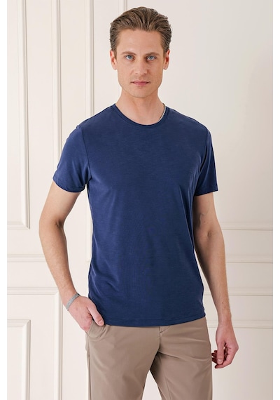 Efor Slim Fit Bisiklet Yaka Doku Desenli Pamuklu Lacivert Tişört Ts 881 Lacivert