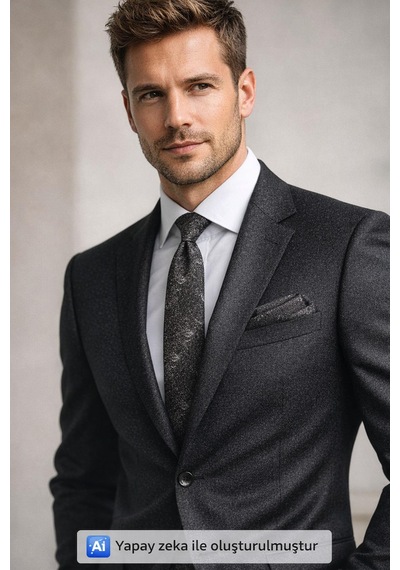 Gaffy Gri Desenli Füme Dokuma Kumaş Mendilli Slim Fit Kravat // Sdk-2613-3 Gri