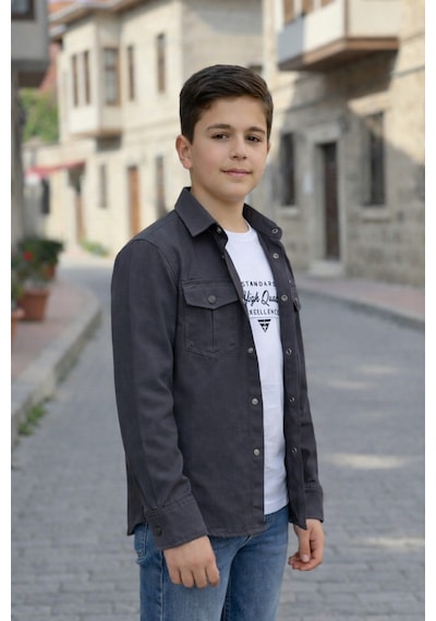 Pina Kids Erkek Çocuk Çıtçıtlı Gömlek Tişört Üst Takım Füme