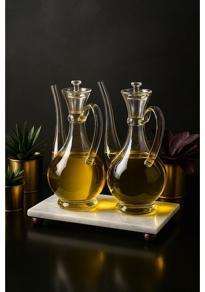 Reoona Mermer Stantlı Borosilikat Cam Glorry Yağlık 700 Ml+700 Ml Şeffaf - Şeffaf