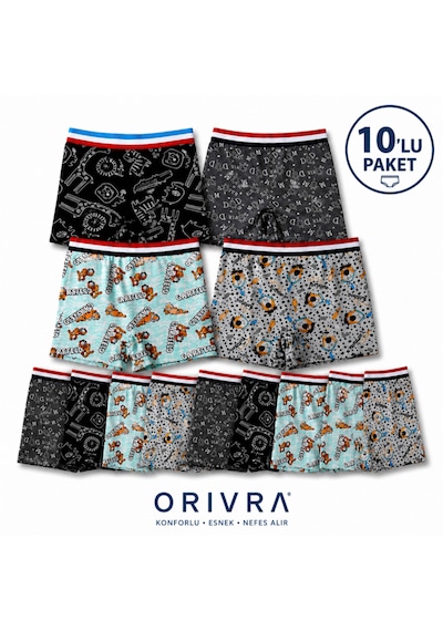 Orivra 10'lu Erkek Çocuk Boxer Seti Pamuklu Esnek Desenli İç Çamaşırı Paketi Çok Renkli