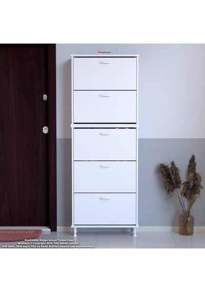 Modilayn Varbi Umay' 2 Li Kapı Önü 72 X193x 25, 5 Cm Lik 5 Düşer Kapak 10 Göz Raflı Ayakkabılık Beyaz