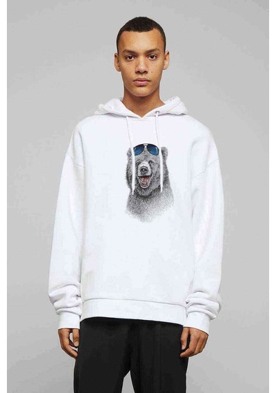 Kutup Ayısı Boz Bear Baskılı Beyaz Erkek Örme Kapşonlu Sweatshirt