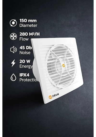 Hiva Banyo Ve Tuvalet Aspiratörü, 280 M³/h Debi, 45 Db Sessiz, 20 W Enerji, Ipx4 Su Sıçrama Kor