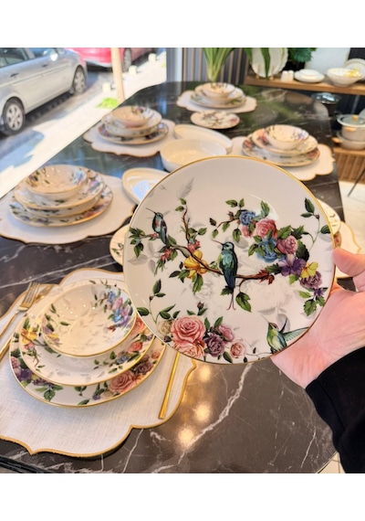 24 Parça 6 Kişilik Modern Flore Bird Yemek Takımı-5694 Çok Renkli