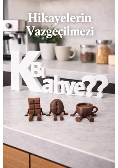 Bi Kahve Dekoratif Yazı + Sallanan Ayaklı 3 Lü Figür Seti Kahve Köşesi Mutfak Süs