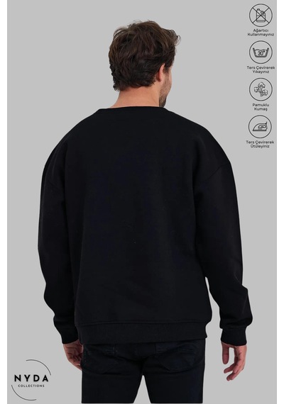 Unisex Bugs Bunny Baskılı Bisiklet Yaka Kapüşonsuz Şardonlu Oversize %100 Pamuk Penye Sweatshirt Siyah