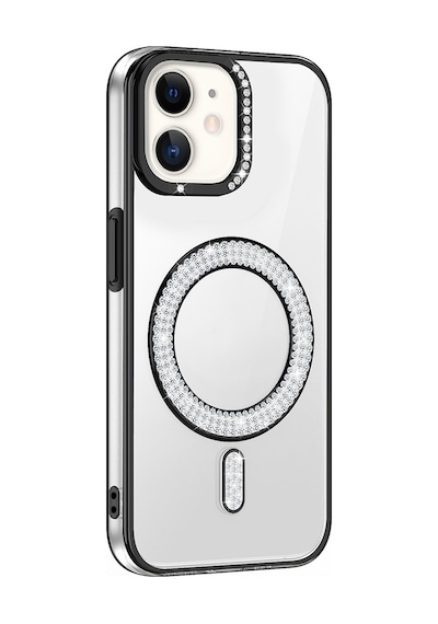 Apple Uyumlu iPhone 11 Kılıf Pırlanta Taş Tasarımlı M-safe Şarj Özellikli Karetta Silikon Kılıf Siyah