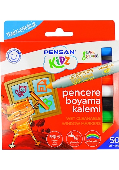 Pensan Kidz Temizlenebilir 8 Renk Pencere Boyama Markörü Çok Renkli
