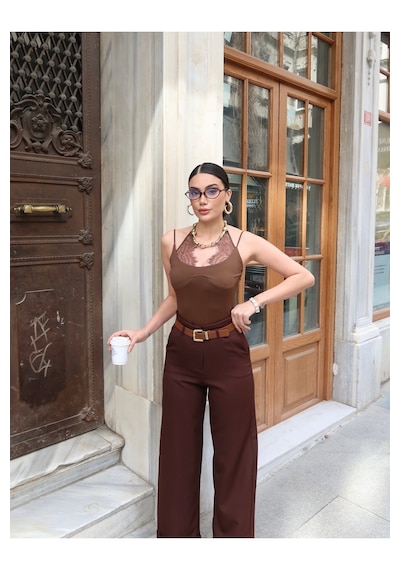 Kechi Woman Double Kumaş Bol Paça Kemerli Pantolon Kahverengi