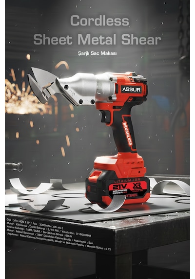 Assur 1050 3D 21V Kömürsüz Motor Akülü Sac Makası Seti - Çift Akülü Çantalı Metal & Tel & Sac Kesim Makası - 2975