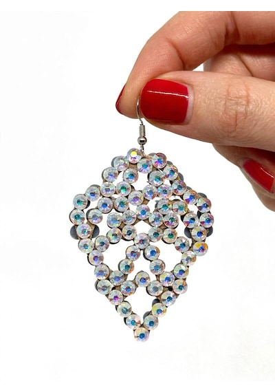 El Yapımı Rhinestone Taşlı Sallantılı Küpe Dans, Sahne Ve Abiye Beyaz