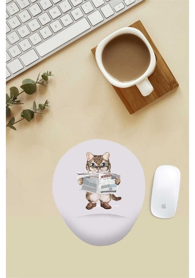 Gazete Okuyan Kedi Desenli Bilek Destekli Mouse Pad Mousepad
