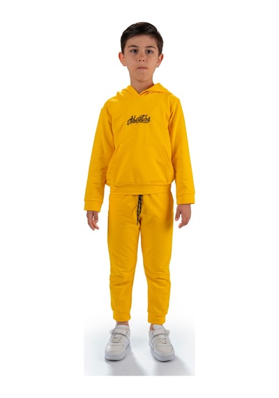 Mnk Baby & Kids Adventure Nakış Kanguru Cepli Kapüşonlu Çocuk Eşofman Mnk10072 Sari