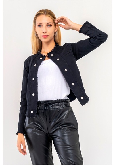 Bold & Young Kadın Yağ Yeşili Power Strech Çıt Çıtlı Slim Fit Denim Ceket Siyah