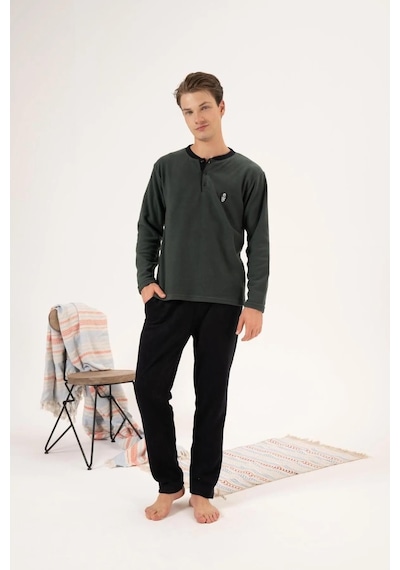 Estiva 24421 Erkek Kışlık Polar Düğmeli Yaka Pijama Takımı Haki