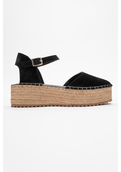 Luvishoes Viba Siyah Süet Hakiki Deri Kadın Hasır Dolgu Taban Sandalet Siyah