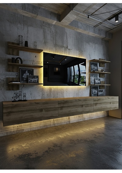 Resital Duvara Monte Ledli 270 Cm Tv Ünitesi Duvar Raflı - Ll6043 Ceviz
